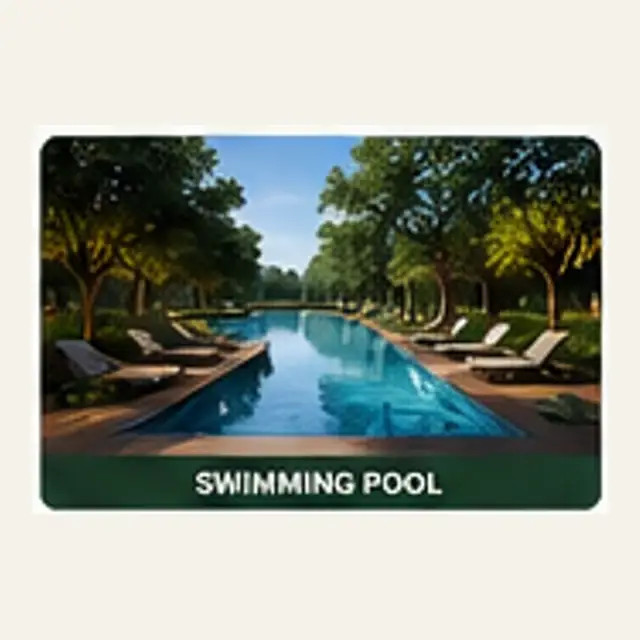 Swimming pool with deck seating and planted edges at the Sadahalli apartment community