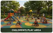Children's outdoor play zone with nearby seating and planting